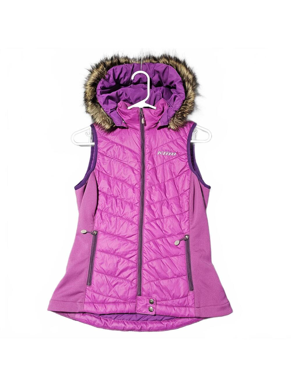 Klim Waverly Women Sm Puffer Vest Purple Faux Fur Lined Hood Pertex Microlight